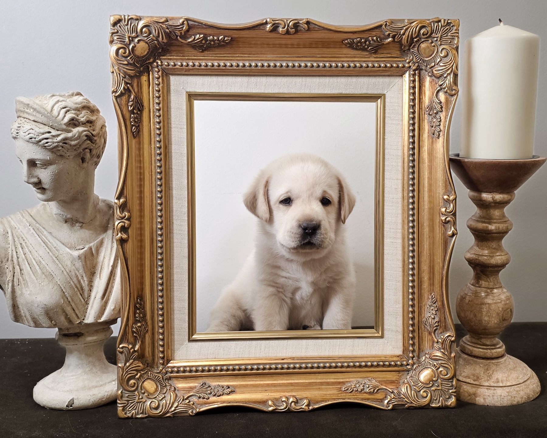 Michelangelo seated inside an ornate gold frame