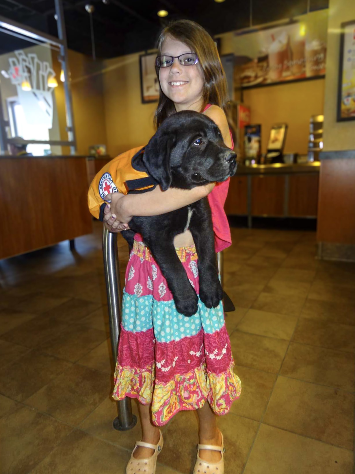 Young Kingridge family member holding a black service dog in training