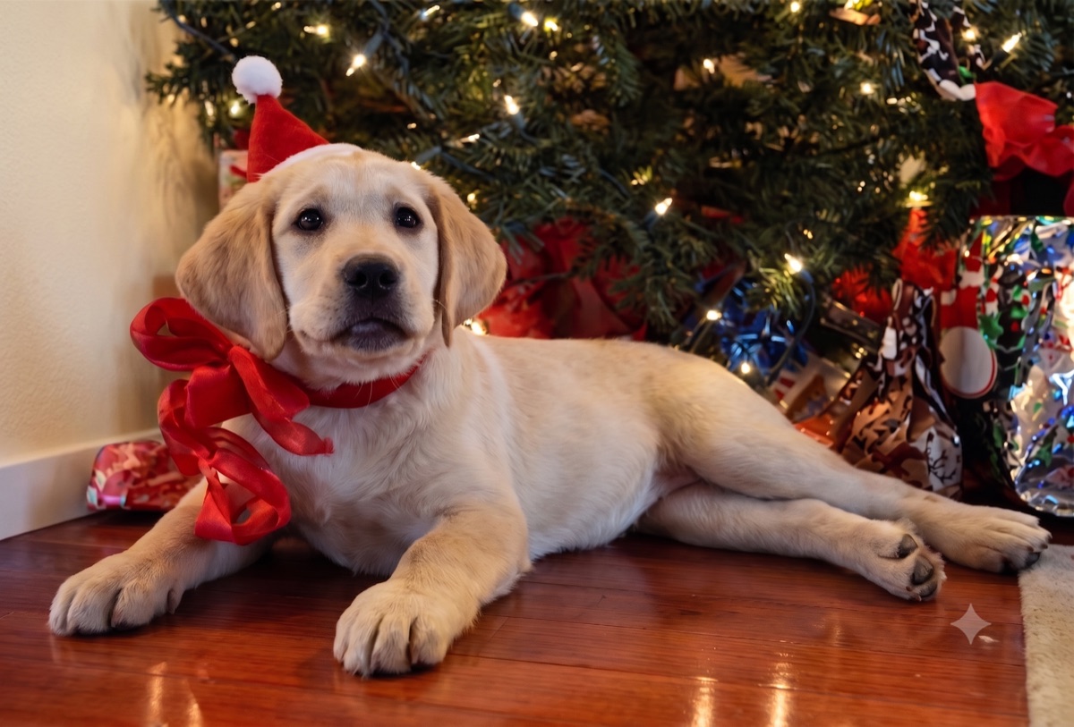 Lily as a yellow Labrador puppy beside a Christmas tree